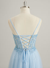 A-line V-Neck Floor-Length Lace Tulle Maxi Dresses With Sequins