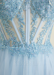 A-line V-Neck Floor-Length Lace Tulle Maxi Dresses With Sequins