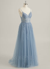 A-line V-Neck Floor-Length Tulle Lace Maxi Dresses With Sequins