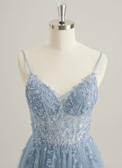 A-line V-Neck Floor-Length Tulle Lace Maxi Dresses With Sequins