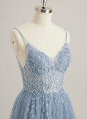 A-line V-Neck Floor-Length Tulle Lace Maxi Dresses With Sequins