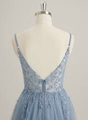A-line V-Neck Floor-Length Tulle Lace Maxi Dresses With Sequins