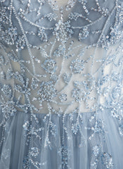 A-line V-Neck Floor-Length Tulle Lace Maxi Dresses With Sequins