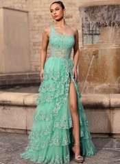 A-line One Shoulder Floor-Length Lace Tulle Maxi Dresses With Sequins