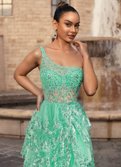 A-line One Shoulder Floor-Length Lace Tulle Maxi Dresses With Sequins