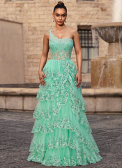 A-line One Shoulder Floor-Length Lace Tulle Maxi Dresses With Sequins