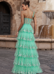 A-line One Shoulder Floor-Length Lace Tulle Maxi Dresses With Sequins