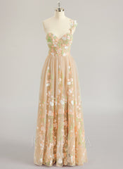 A-line One Shoulder Floor-Length Lace Maxi Dresses With Flower