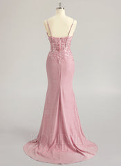 Trumpet/Mermaid V-Neck Sweep Train Lace Jersey Maxi Dresses With Rhinestone