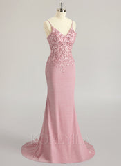 Trumpet/Mermaid V-Neck Sweep Train Lace Jersey Maxi Dresses With Rhinestone