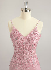 Trumpet/Mermaid V-Neck Sweep Train Lace Jersey Maxi Dresses With Rhinestone