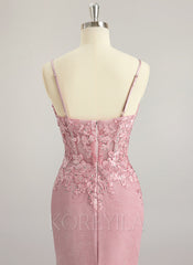 Trumpet/Mermaid V-Neck Sweep Train Lace Jersey Maxi Dresses With Rhinestone