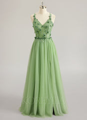 A-line V-Neck Floor-Length Tulle Lace Maxi Dresses With Sequins 3D Floral Flower