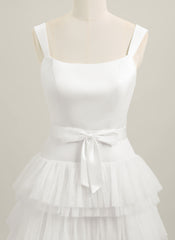 A-line Sleeveless Short Satin Tulle Homecoming Dress With Bow