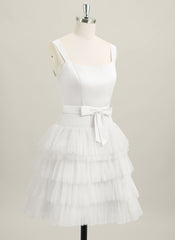 A-line Sleeveless Short Satin Tulle Homecoming Dress With Bow