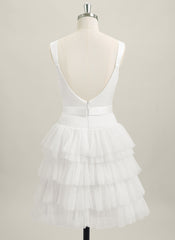 A-line Sleeveless Short Satin Tulle Homecoming Dress With Bow