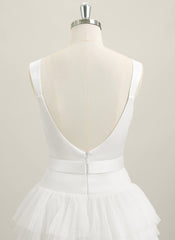 A-line Sleeveless Short Satin Tulle Homecoming Dress With Bow