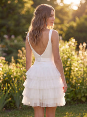 A-line Sleeveless Short Satin Tulle Homecoming Dress With Bow