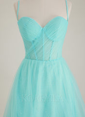 Sleeveless Spaghetti Straps Sweetheart Pleated Tulle A-line Maxi Dress