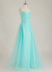 Sleeveless Spaghetti Straps Sweetheart Pleated Tulle A-line Maxi Dress