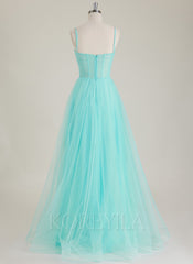 Sleeveless Spaghetti Straps Sweetheart Pleated Tulle A-line Maxi Dress