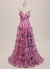 Ball-Gown/Princess V-Neck Sweep Train Tulle Maxi Dresses With Cascading Ruffles Pleated