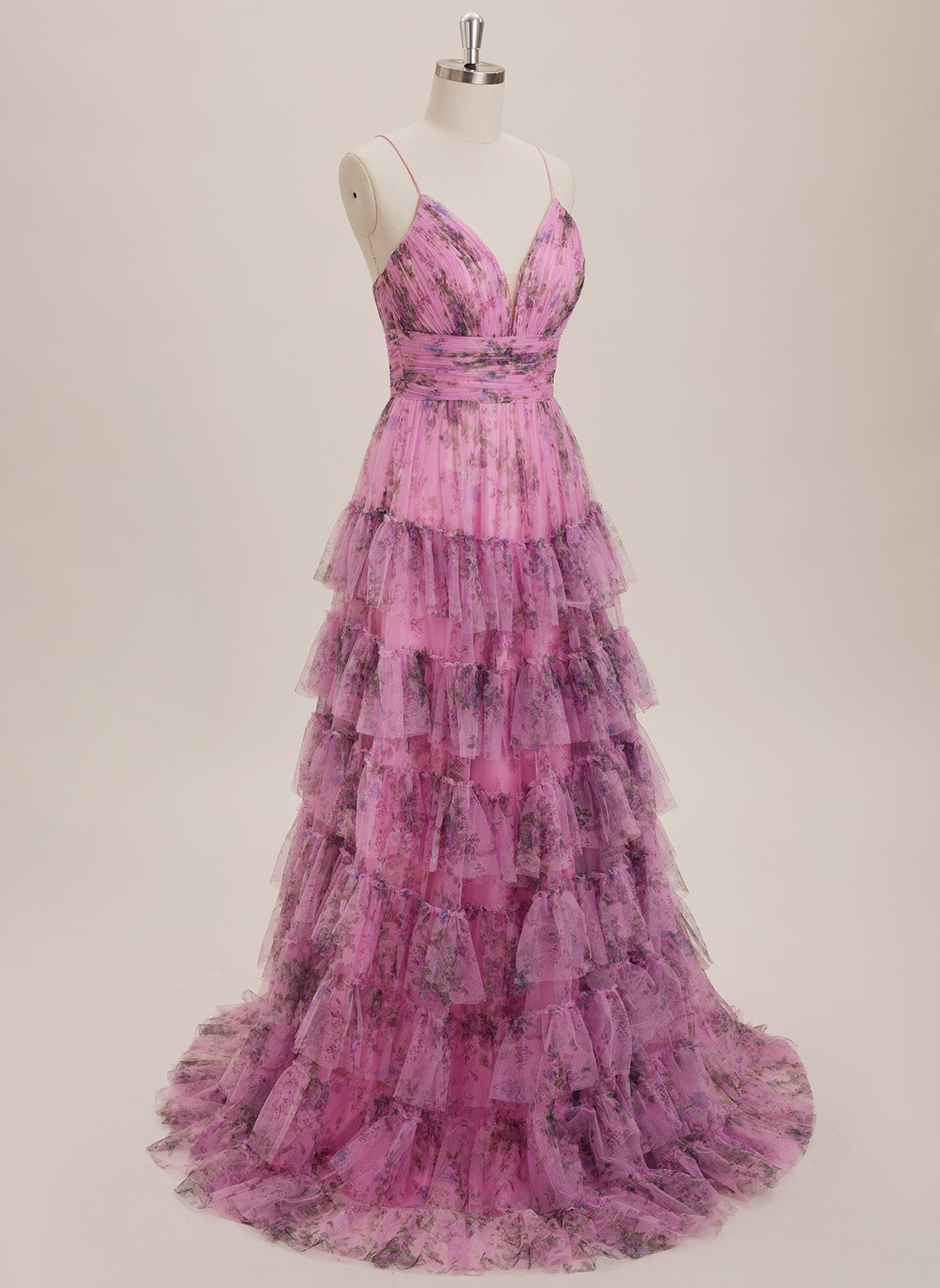 Ball-Gown/Princess V-Neck Sweep Train Tulle Maxi Dresses With Cascading Ruffles Pleated
