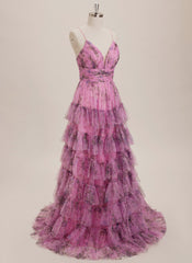 Ball-Gown/Princess V-Neck Sweep Train Tulle Maxi Dresses With Cascading Ruffles Pleated
