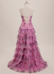 Ball-Gown/Princess V-Neck Sweep Train Tulle Maxi Dresses With Cascading Ruffles Pleated