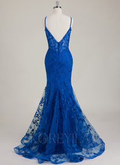 Spaghetti Straps V-Neck 3D Floral Lace Trumpet/Mermaid Maxi Dress