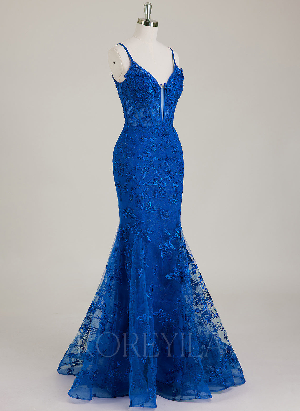 Spaghetti Straps V-Neck 3D Floral Lace Trumpet/Mermaid Maxi Dress
