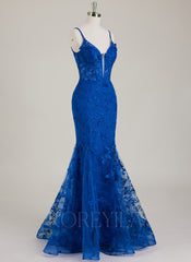 Spaghetti Straps V-Neck 3D Floral Lace Trumpet/Mermaid Maxi Dress