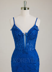 Spaghetti Straps V-Neck 3D Floral Lace Trumpet/Mermaid Maxi Dress