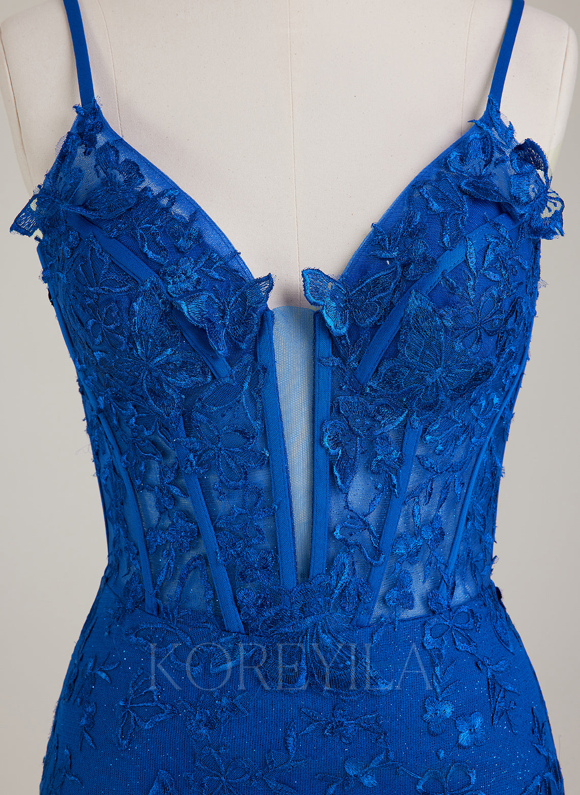 Spaghetti Straps V-Neck 3D Floral Lace Trumpet/Mermaid Maxi Dress