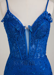 Spaghetti Straps V-Neck 3D Floral Lace Trumpet/Mermaid Maxi Dress