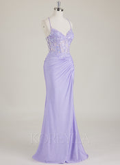 Spaghetti Straps V-Neck Sequins Jersey Trumpet/Mermaid Maxi Dress With Leg Slit