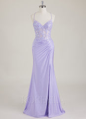 Spaghetti Straps V-Neck Sequins Jersey Trumpet/Mermaid Maxi Dress With Leg Slit