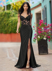 Spaghetti Straps V-Neck Sequins Jersey Trumpet/Mermaid Maxi Dress With Leg Slit