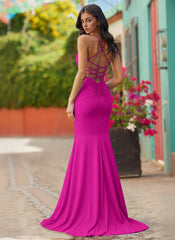 Spaghetti Straps V-Neck Sequins Jersey Trumpet/Mermaid Maxi Dress With Leg Slit