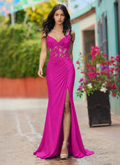 Spaghetti Straps V-Neck Sequins Jersey Trumpet/Mermaid Maxi Dress With Leg Slit