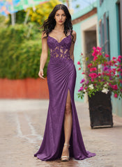 Spaghetti Straps V-Neck Sequins Jersey Trumpet/Mermaid Maxi Dress With Leg Slit