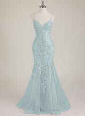Sleeveless V-Neck Sequins Tulle Trumpet/Mermaid Maxi Dress