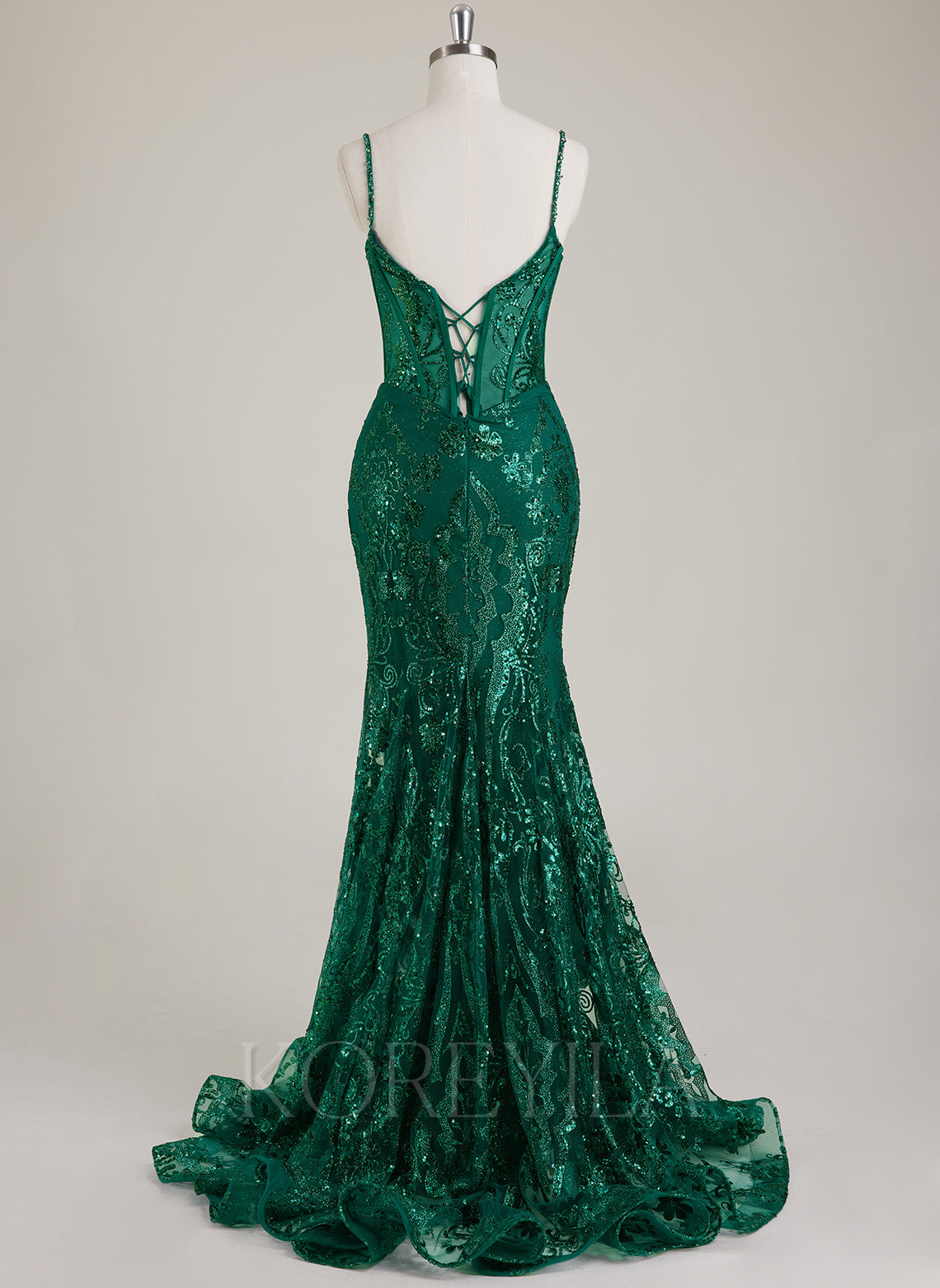 Spaghetti Straps V-Neck Corset Sequins Lace Trumpet/Mermaid Maxi Dress