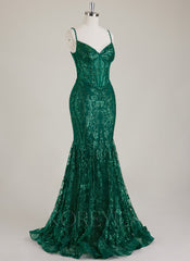 Spaghetti Straps V-Neck Corset Sequins Lace Trumpet/Mermaid Maxi Dress