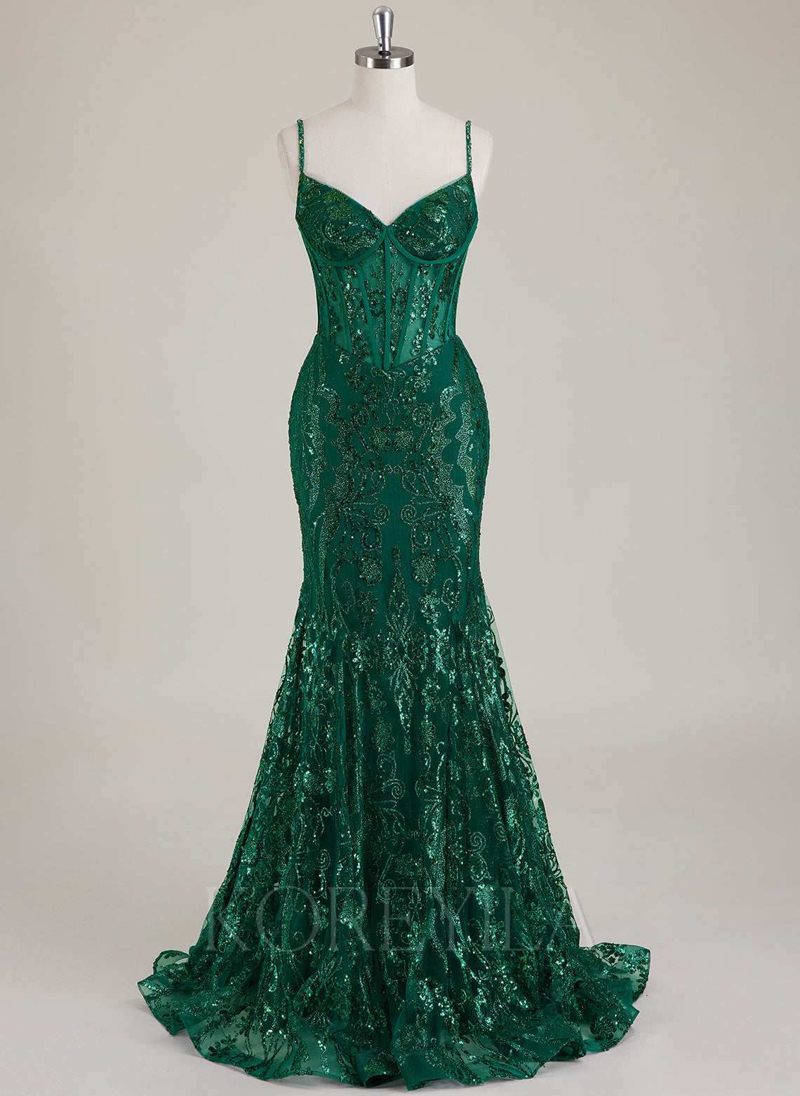 Spaghetti Straps V-Neck Corset Sequins Lace Trumpet/Mermaid Maxi Dress