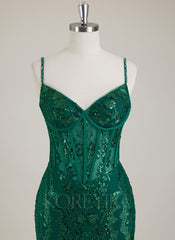 Spaghetti Straps V-Neck Corset Sequins Lace Trumpet/Mermaid Maxi Dress