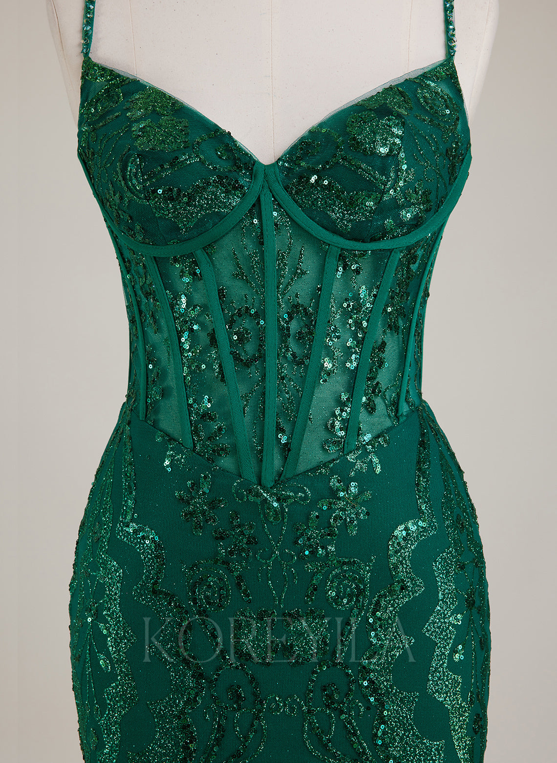 Spaghetti Straps V-Neck Corset Sequins Lace Trumpet/Mermaid Maxi Dress