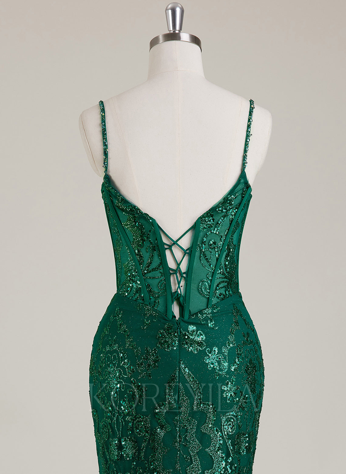 Spaghetti Straps V-Neck Corset Sequins Lace Trumpet/Mermaid Maxi Dress