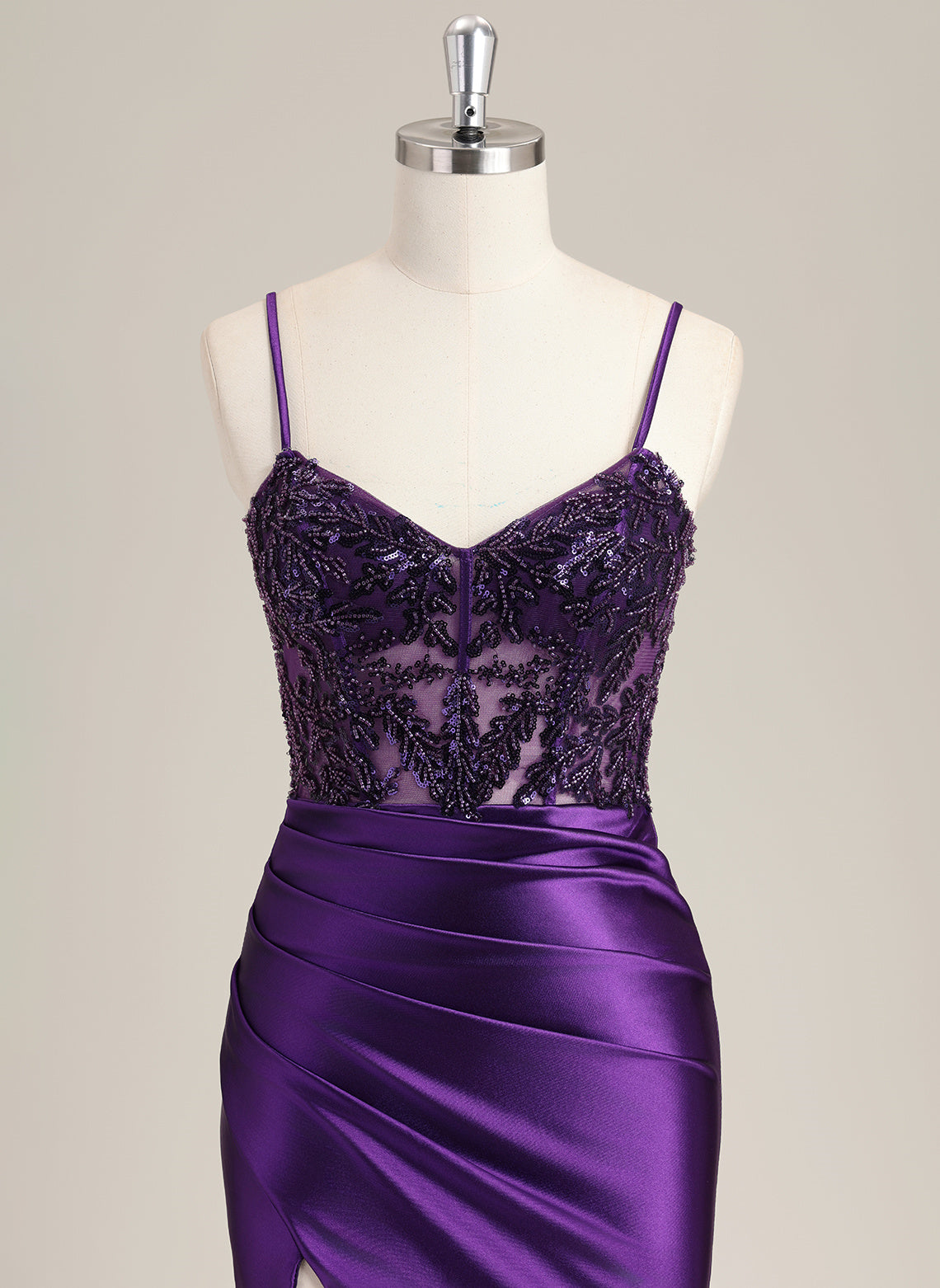 Trumpet/Mermaid Spaghetti Straps Sweep Train Satin Prom Dress With Sequins