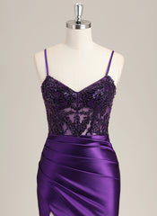 Trumpet/Mermaid Spaghetti Straps Sweep Train Satin Prom Dress With Sequins